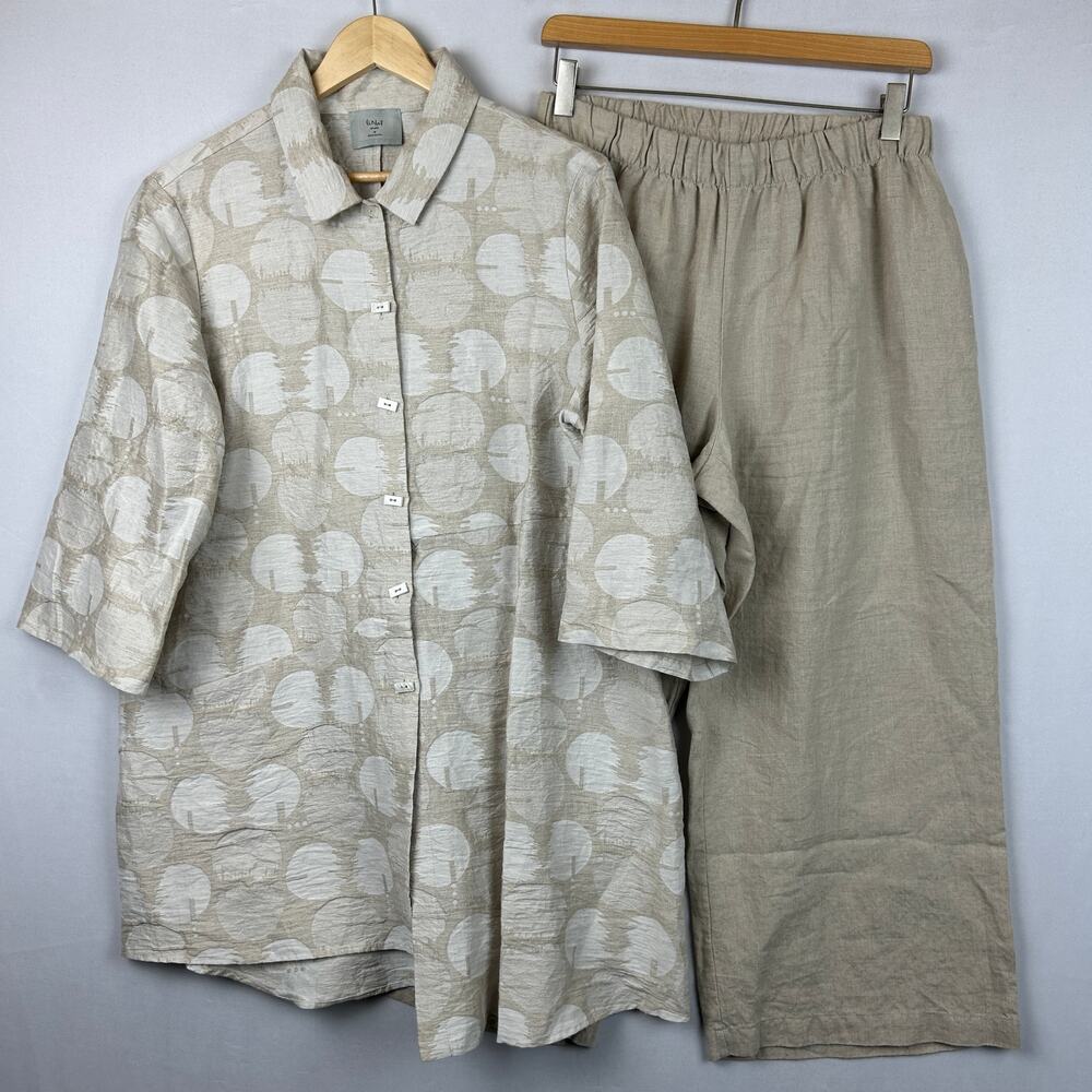 Chalet et Ceci Linen Button Up Shirt and Pull On Pant Set Beige Women's Size M